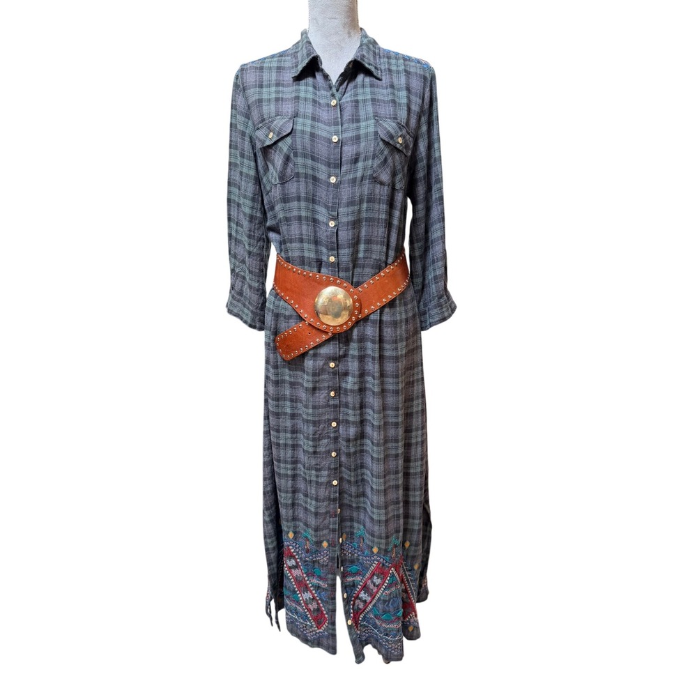 Johnny Was Plaid Embroidered Maxi Shirt Dress Grey Large Floral Western Boho